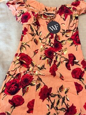 White fox women’s Peach Floral Off-Shoulder Dress with Red Rose Print